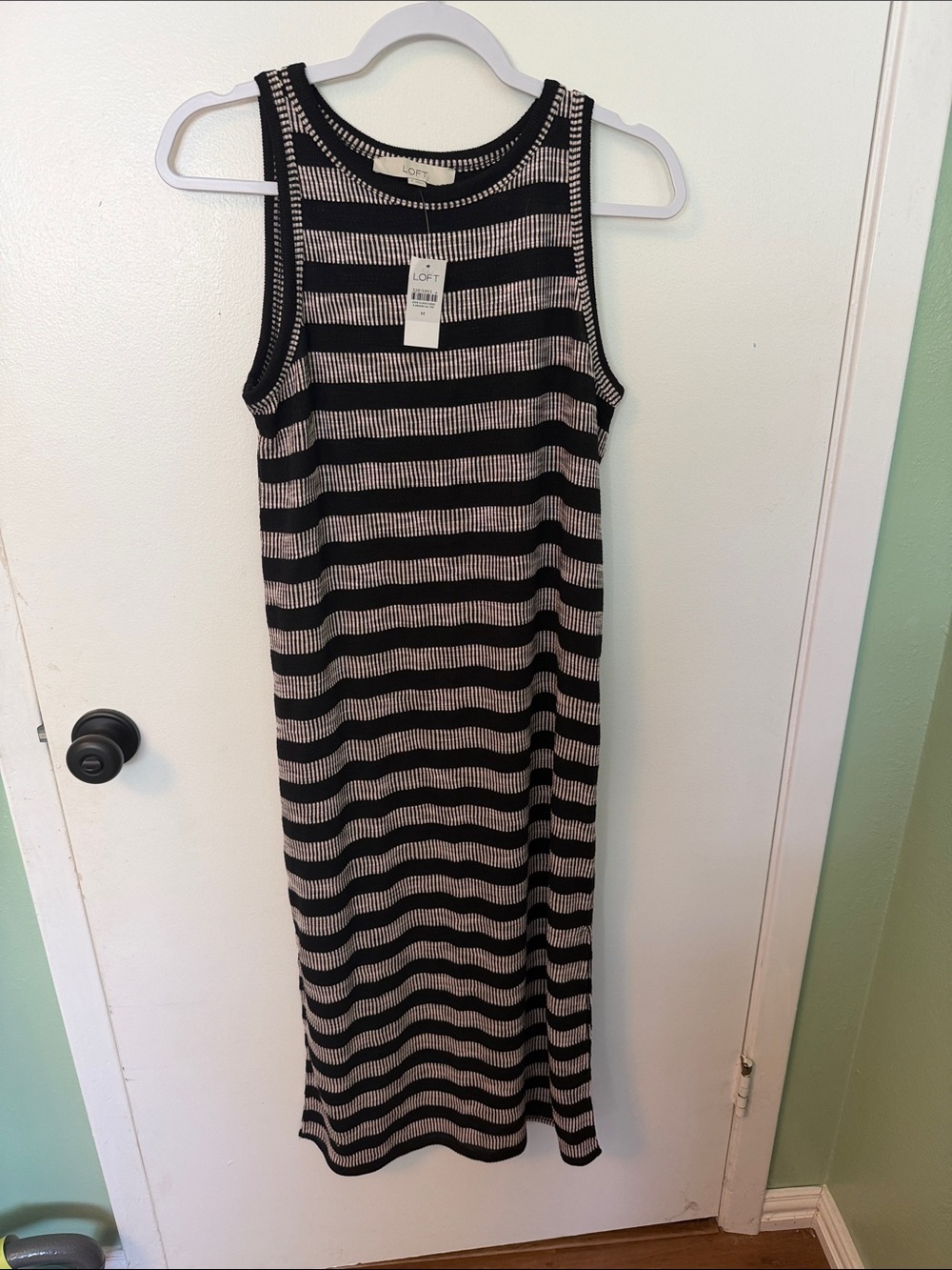 LOFT Black and Cream Sleeveless Striped Knit Midi Dress